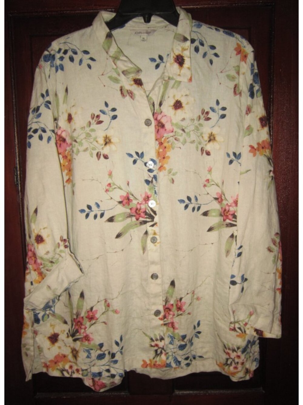 John Mark XL 100% Linen Shirt Top Blouse Tunic Floral Print Pockets Button Beige